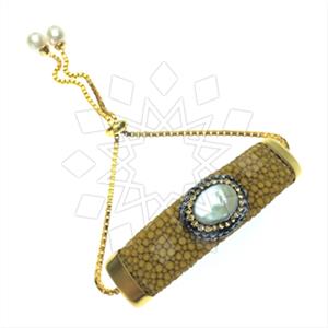 Leather and Fur Gem and Crystals Adjustable Bracelet