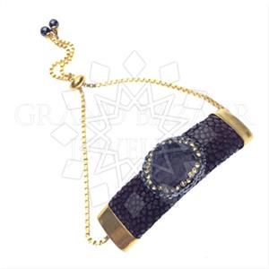 Leather and Fur Gem and Crystals Adjustable Bracelet