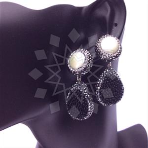 Leather and Fur Gem and Crystals Double Drop Earrings