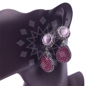 Leather and Fur Gem and Crystals Double Drop Earrings