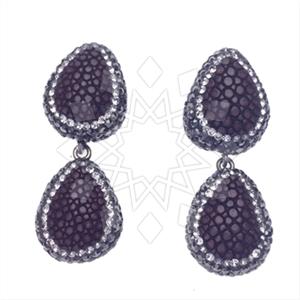 Leather and Fur Gem and Crystals Double Drop Earrings