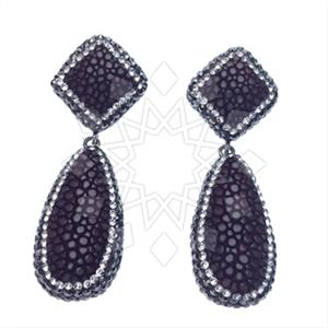 Leather and Fur Gem and Crystals Double Drop Earrings