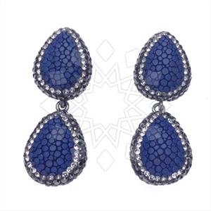 Leather and Fur Gem and Crystals Double Drop Earrings