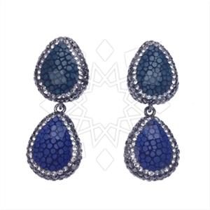 Leather and Fur Gem and Crystals Double Drop Earrings