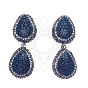 Leather and Fur Gem and Crystals Double Drop Earrings