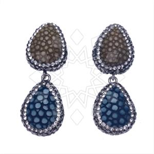 Leather and Fur Gem and Crystals Double Drop Earrings