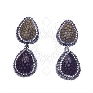 Leather and Fur Gem and Crystals Double Drop Earrings