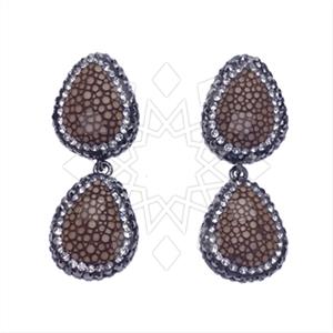 Leather and Fur Gem and Crystals Double Drop Earrings