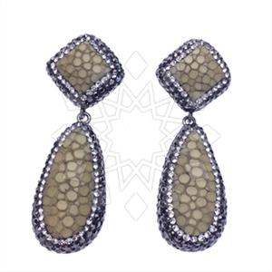 Leather and Fur Gem and Crystals Double Drop Earrings