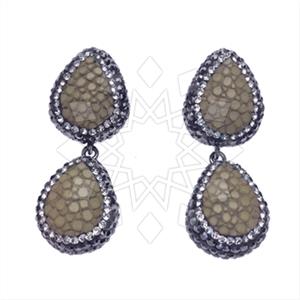 Leather and Fur Gem and Crystals Double Drop Earrings