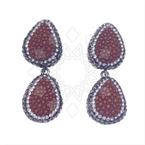 Leather and Fur Gem and Crystals Double Drop Earrings