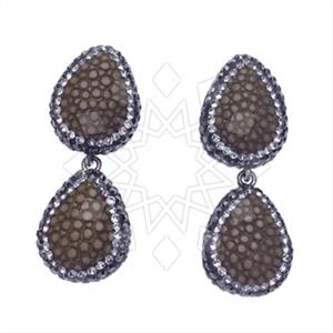 Leather and Fur Gem and Crystals Double Drop Earrings
