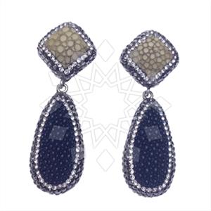 Leather and Fur Gem and Crystals Double Drop Earrings