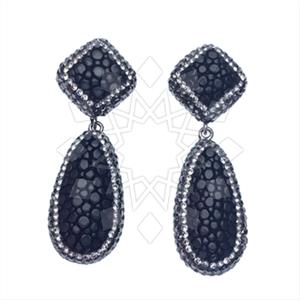 Leather and Fur Gem and Crystals Double Drop Earrings