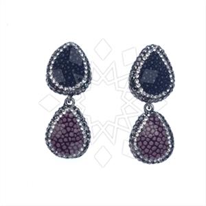 Leather and Fur Gem and Crystals Double Drop Earrings